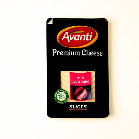 Avanti cheddar with basturmah 150g covered by premium black sticker