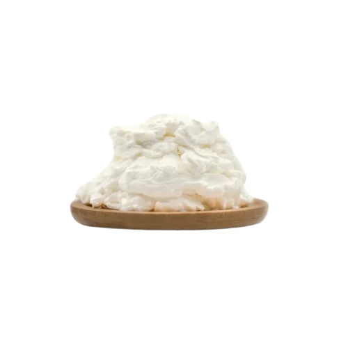 Fresh labneh in a plastic tub, creamy and smooth texture.