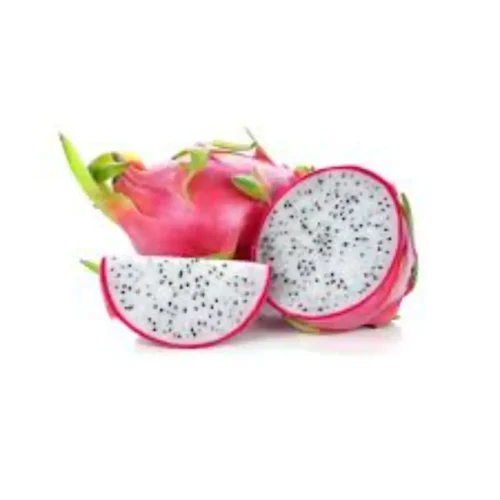 Whole and halved dragon fruit showing white pulp and pink skin
