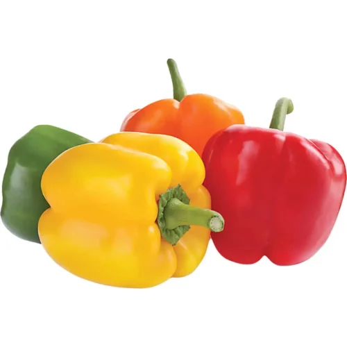 Red, yellow, and green capsicums mixed together, crisp and vivid