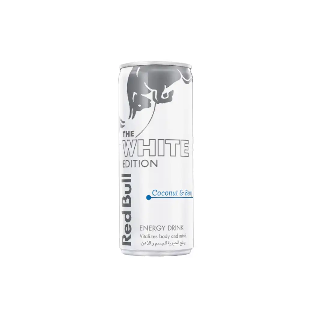 A sleek can of Red Bull Coconut & Berry Energy Drink with tropical accents.