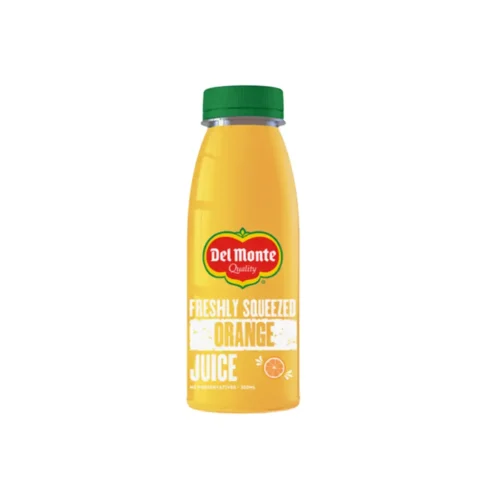 Bright orange juice glowing in a clear Del Monte bottle.