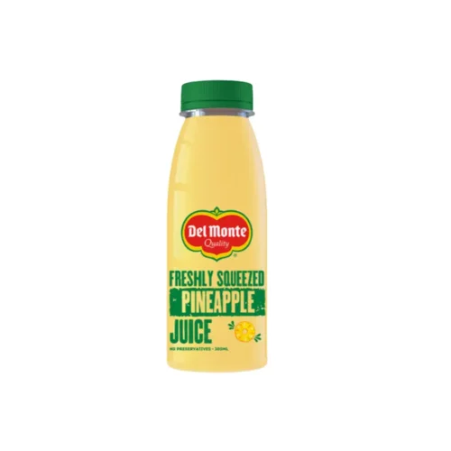 Golden-hued pineapple juice in Del Montes signature bottle.