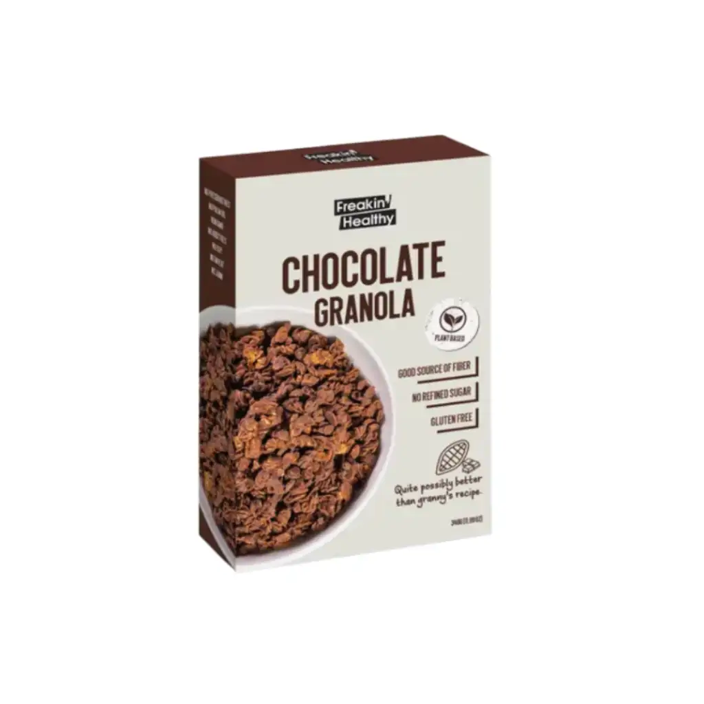 Dark cocoa granola with rich clusters.