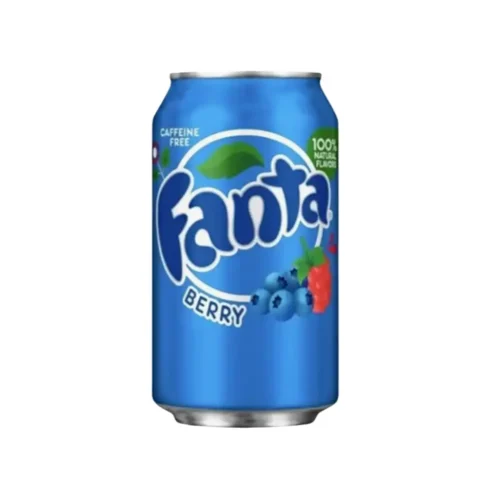 Blue-toned can with fruit splash art.